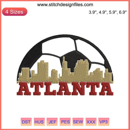 Atlanta Soccer Ball Skyline Embroidery Design with Atlanta United Digital Stitching, featuring iconic cityscape motifs.