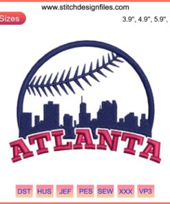 "Atlanta Baseball Skyline Embroidery Design: MLB Digital Stitching featuring iconic landmarks, perfect for baseball fans."