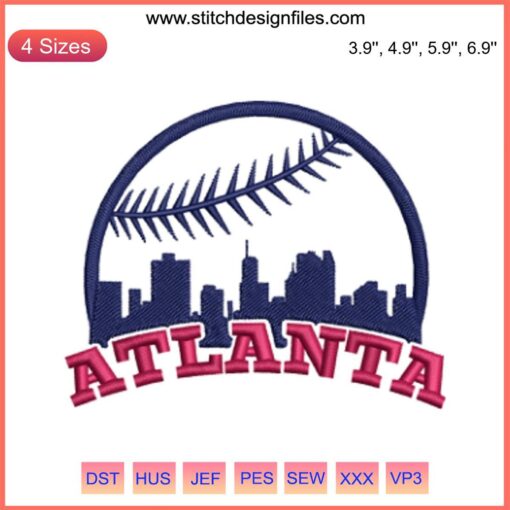"Atlanta Baseball Skyline Embroidery Design: MLB Digital Stitching featuring iconic landmarks, perfect for baseball fans."