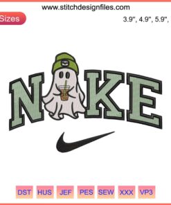 Ghost sipping iced coffee embroidery design by Nike, perfect for Halloween digital stitching projects. Spooky yet stylish!
