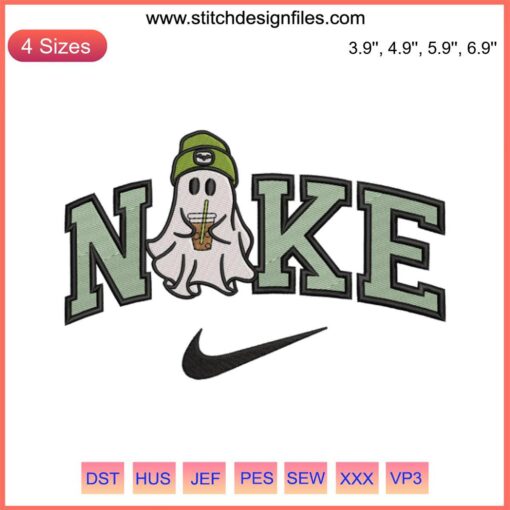 Ghost sipping iced coffee embroidery design by Nike, perfect for Halloween digital stitching projects. Spooky yet stylish!
