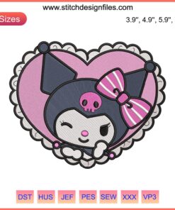 Kuromi In Heart Embroidery Design - Cute Kuromi character in heart-shaped digital stitching pattern for crafting projects.