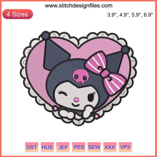 Kuromi In Heart Embroidery Design - Cute Kuromi character in heart-shaped digital stitching pattern for crafting projects.