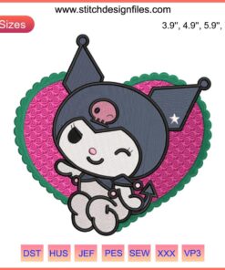 Kuromi Heart Cute Embroidery Design featuring Sanrio cartoon character Kuromi inside a heart shape for digital stitching.