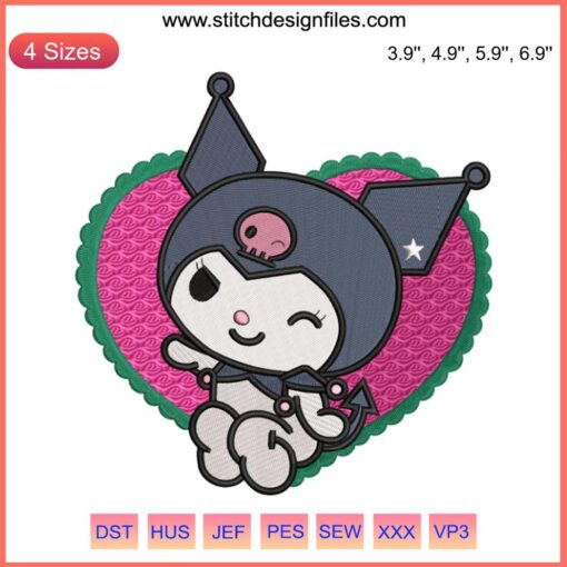 Kuromi Heart Cute Embroidery Design featuring Sanrio cartoon character Kuromi inside a heart shape for digital stitching.