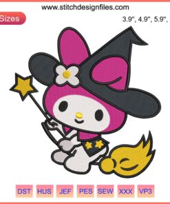 Cute Melody Witch embroidery design featuring Sanrio's My Melody in witch attire, perfect for digital stitching projects.