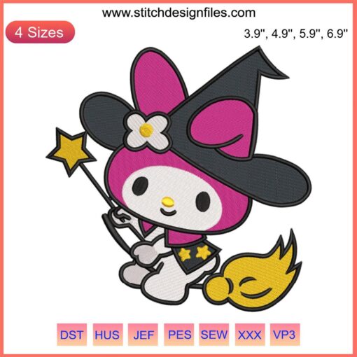 Cute Melody Witch embroidery design featuring Sanrio's My Melody in witch attire, perfect for digital stitching projects.