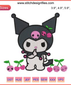 Sanrio Kuromi Cherry Embroidery Design: Cute Kuromi character with cherries, digital stitching pattern, perfect for crafting projects.
