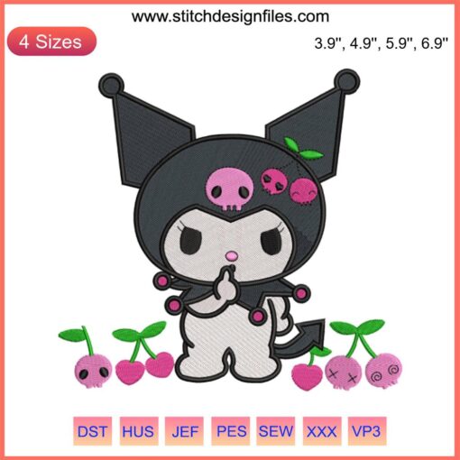 Sanrio Kuromi Cherry Embroidery Design: Cute Kuromi character with cherries, digital stitching pattern, perfect for crafting projects.
