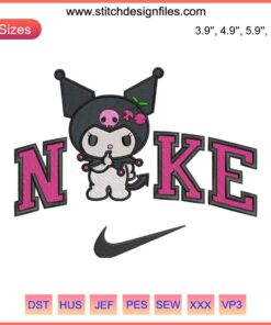 Kuromi with cherries embroidery design for Nike shoes, Sanrio digitizing file, kawaii character, unique embroidery pattern.