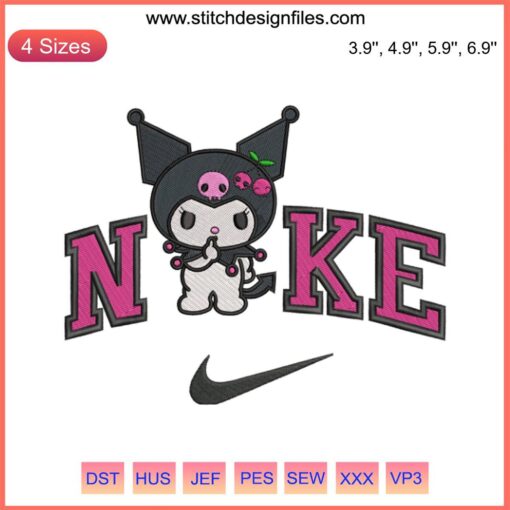Kuromi with cherries embroidery design for Nike shoes, Sanrio digitizing file, kawaii character, unique embroidery pattern.