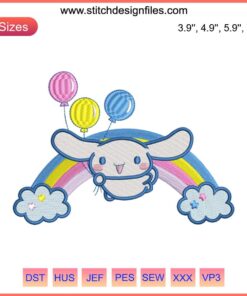 Cinnamoroll Rainbow Embroidery Design: Enjoy cute, cheerful Cinnamoroll with vibrant rainbow stitching, cartoon digital art.
