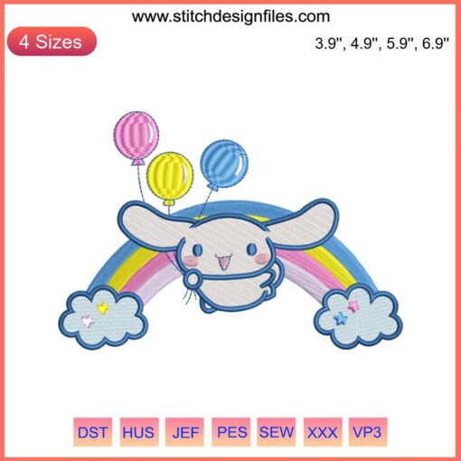 Cinnamoroll Rainbow Embroidery Design: Enjoy cute, cheerful Cinnamoroll with vibrant rainbow stitching, cartoon digital art.
