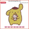 Pompompurin holding a muffin, cute embroidery design, Sanrio digital stitching, kawaii applique pattern, crafting decor, sewing project.