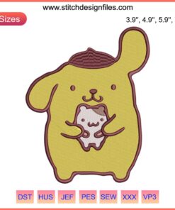 Pompompurin holding a muffin, cute embroidery design, Sanrio digital stitching, kawaii applique pattern, crafting decor, sewing project.