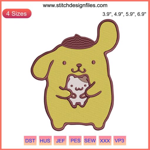 Pompompurin holding a muffin, cute embroidery design, Sanrio digital stitching, kawaii applique pattern, crafting decor, sewing project.