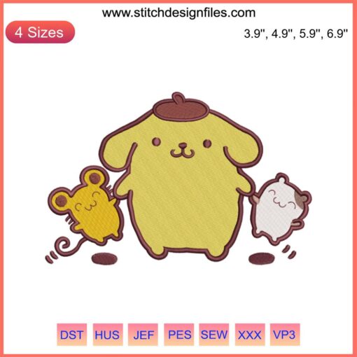 Pompompurin and Friends Embroidery Design featuring Sanrio Muffin and Scone, digital stitching pattern, kawaii embroidery.