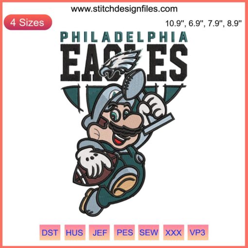 Super Mario Bros and Philadelphia Eagles embroidery design; ideal for football game day digital stitching projects.