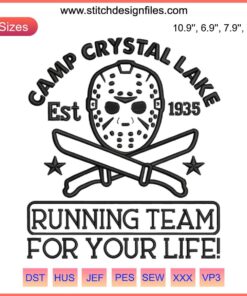 Camp Crystal Lake Running Team Embroidery Design, Friday the 13th Themed, Digital Stitching, Horror Inspired Craft Pattern.