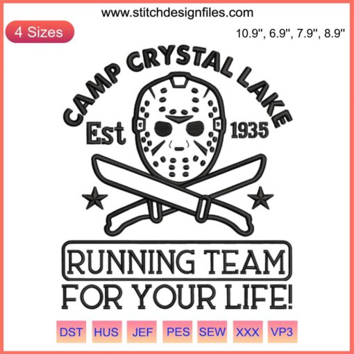 Camp Crystal Lake Running Team Embroidery Design, Friday the 13th Themed, Digital Stitching, Horror Inspired Craft Pattern.