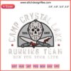 Camp Crystal Lake embroidery design featuring "Running Team Run For Your Life" in bold, vintage-style stitching.