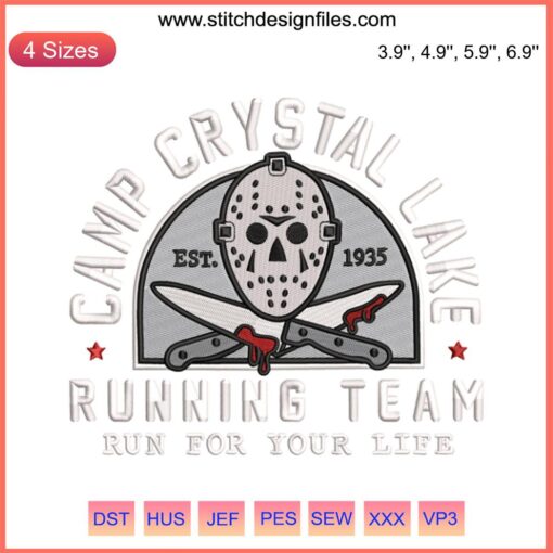 Camp Crystal Lake embroidery design featuring "Running Team Run For Your Life" in bold, vintage-style stitching.