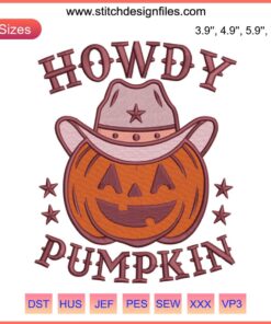 Howdy Pumpkin embroidery design features a cowboy hat-wearing pumpkin with Halloween stitching, perfect for festive crafts.