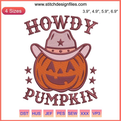 Howdy Pumpkin embroidery design features a cowboy hat-wearing pumpkin with Halloween stitching, perfect for festive crafts.