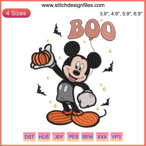 Disney Mickey Boo Balloon Embroidery Design: Spooky Halloween Stitching for Parties, Perfect for Pumpkin-Themed Decor.