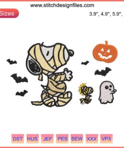 Halloween Peanuts Snoopy Mummy Embroidery Design | Cute, Funny Halloween Embroidery with Snoopy Wrapped as Mummy