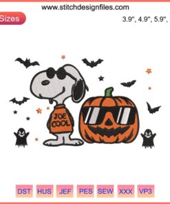 Snoopy Joe Cool Pumpkin Halloween Embroidery Design featuring Snoopy in sunglasses with pumpkin, Halloween-themed digital stitching.