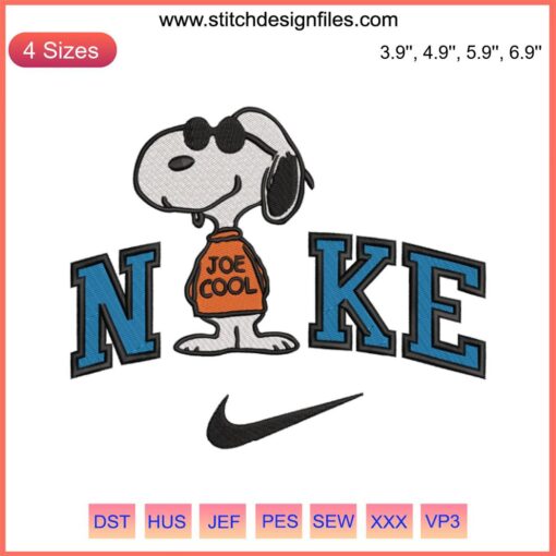 Snoopy Joe Cool Embroidery Design, Funny Digital Stitching, Nike Style, Cartoon Embroidery, Peanuts Character Patch