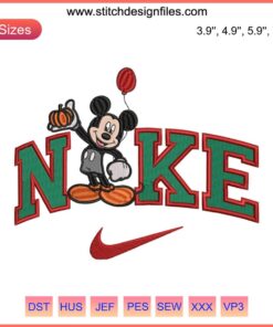 Nike Mickey Halloween Party Embroidery Design featuring Disney's Mickey with spooky Halloween elements; digital stitching pattern.