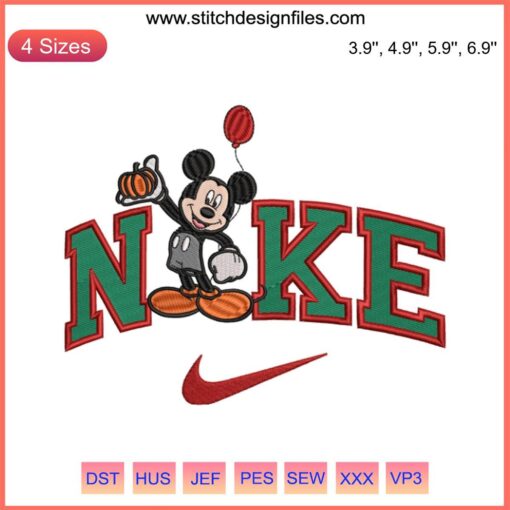 Nike Mickey Halloween Party Embroidery Design featuring Disney's Mickey with spooky Halloween elements; digital stitching pattern.