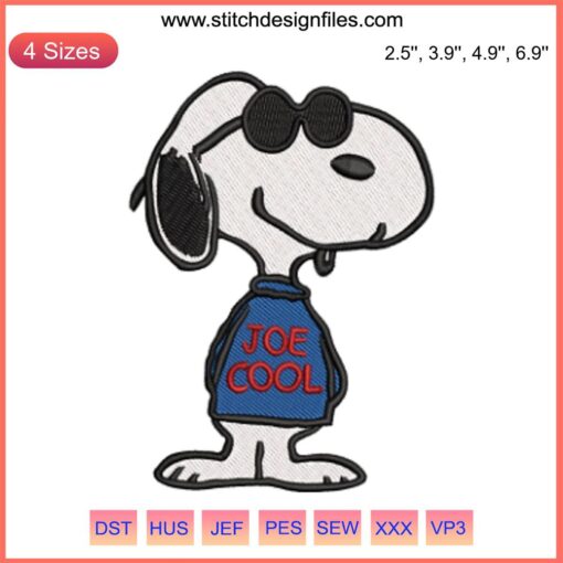 Snoopy Joe Cool Embroidery Design featuring iconic dog in sunglasses, perfect for pet-themed digital stitching projects.