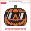 Embroidery design of a pumpkin wearing glasses; Halloween-themed, funny stitching for digital crafting projects.