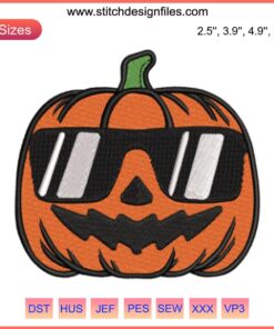 Embroidery design of a pumpkin wearing glasses; Halloween-themed, funny stitching for digital crafting projects.