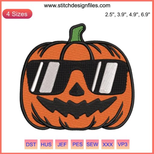 Embroidery design of a pumpkin wearing glasses; Halloween-themed, funny stitching for digital crafting projects.