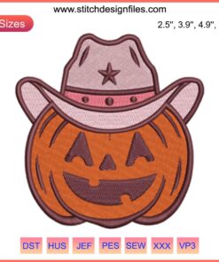 Pumpkin Cowboy Embroidery Design featuring a smiling pumpkin with cowboy hat and boots, perfect for Halloween stitching.