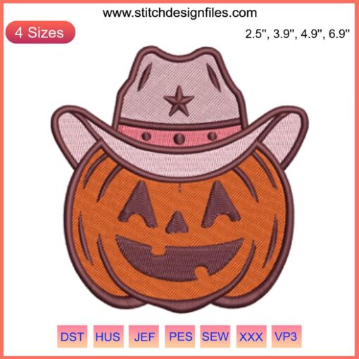Pumpkin Cowboy Embroidery Design featuring a smiling pumpkin with cowboy hat and boots, perfect for Halloween stitching.