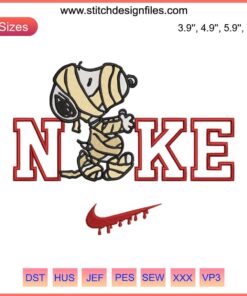 Nike Snoopy Mummy Embroidery Design featuring cartoon Snoopy in a mummy costume, perfect for Halloween digital stitching projects.