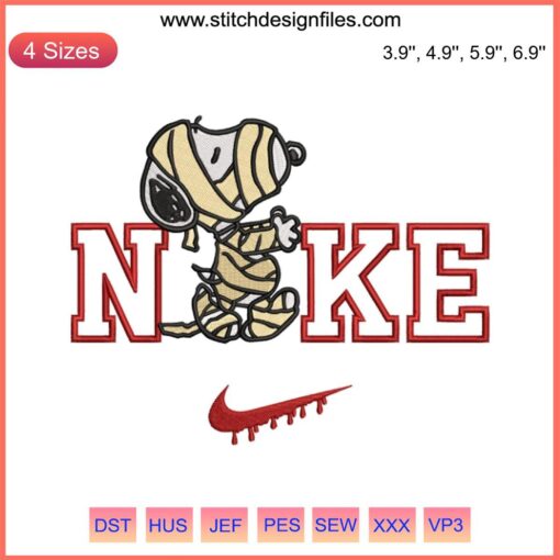 Nike Snoopy Mummy Embroidery Design featuring cartoon Snoopy in a mummy costume, perfect for Halloween digital stitching projects.