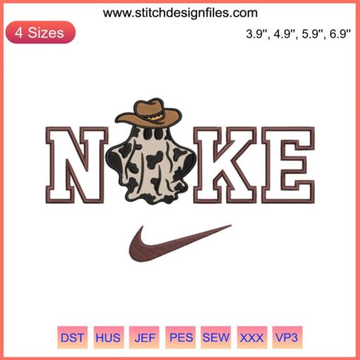 Nike Cowboy Ghost Embroidery: Halloween themed digital stitching design featuring a playful ghost in a cowboy hat.