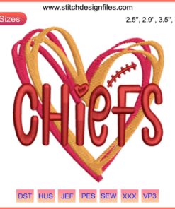 Kansas City Chiefs Heart Embroidery Design, Love Football, NFL, Digital Stitching, Sports Embroidery Pattern
