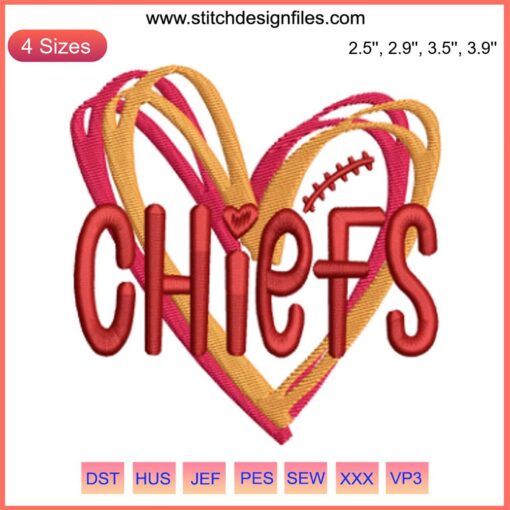 Kansas City Chiefs Heart Embroidery Design, Love Football, NFL, Digital Stitching, Sports Embroidery Pattern