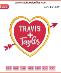 Heart Taylor Swift Travis Kelce Embroidery Design | Kansas City Football Digital Stitching featuring intertwined initials and team colors.