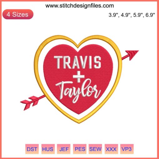 Heart Taylor Swift Travis Kelce Embroidery Design | Kansas City Football Digital Stitching featuring intertwined initials and team colors.
