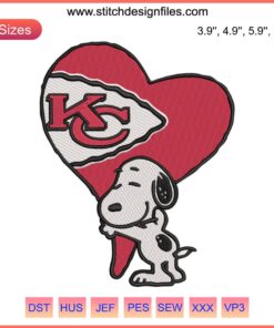 Snoopy KC Chiefs Heart Love Embroidery Design, ideal for Chiefs football fans, featuring Snoopy and Chiefs-themed stitching.