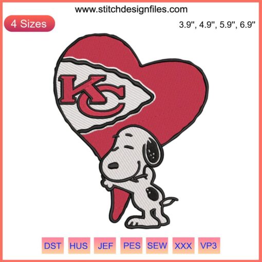 Snoopy KC Chiefs Heart Love Embroidery Design, ideal for Chiefs football fans, featuring Snoopy and Chiefs-themed stitching.