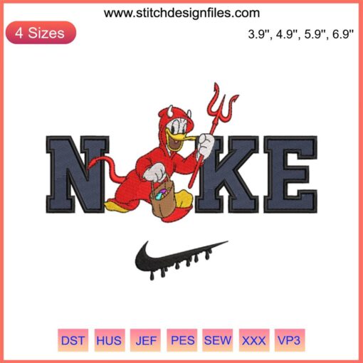 Nike Donald Duck Halloween Embroidery Design: Disney x Halloween Digital Stitching, festive Donald in spooky attire.